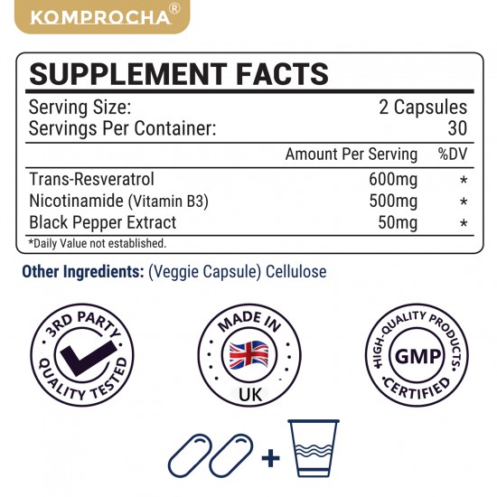 (1 Pack)KOMPROCHA Maximum Strength NMN Kapseln mit Trans-Resveratrol, 1100mg pro Portion, 60 Capsules