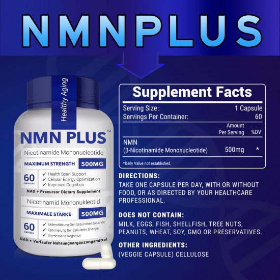 NMN PLUS Maximum Strength NMN Capsules, 500mg, NAD+ Levels , 60 Capsules Nicotinamide Mononucleotide Supplement, 60 Capsules