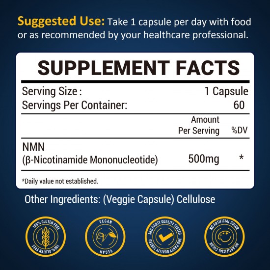 Ultra High Purity NMN Supplement 500mg Nicotinamide Mononucleotide Highly Bioavailable Boost NAD+ Levels for Anti Aging, Enhance Immune System & Cellular Energy Metabolism,Muscle Health, 60 Capsules