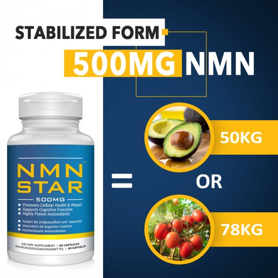 Ultra High Purity NMN Supplement 500mg Nicotinamide Mononucleotide Highly Bioavailable Boost NAD+ Levels for Anti Aging, Enhance Immune System & Cellular Energy Metabolism,Muscle Health, 60 Capsules