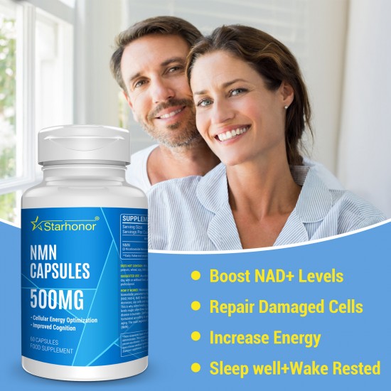 Starhonor NMN Supplement 500mg,Pure NMN Nicotinamide Mononucleotide, Stabilized Form Boost NAD+ for Anti Aging & Antioxidant, Energy Supplement,Cellular Repair & Healthy,60 Capsules